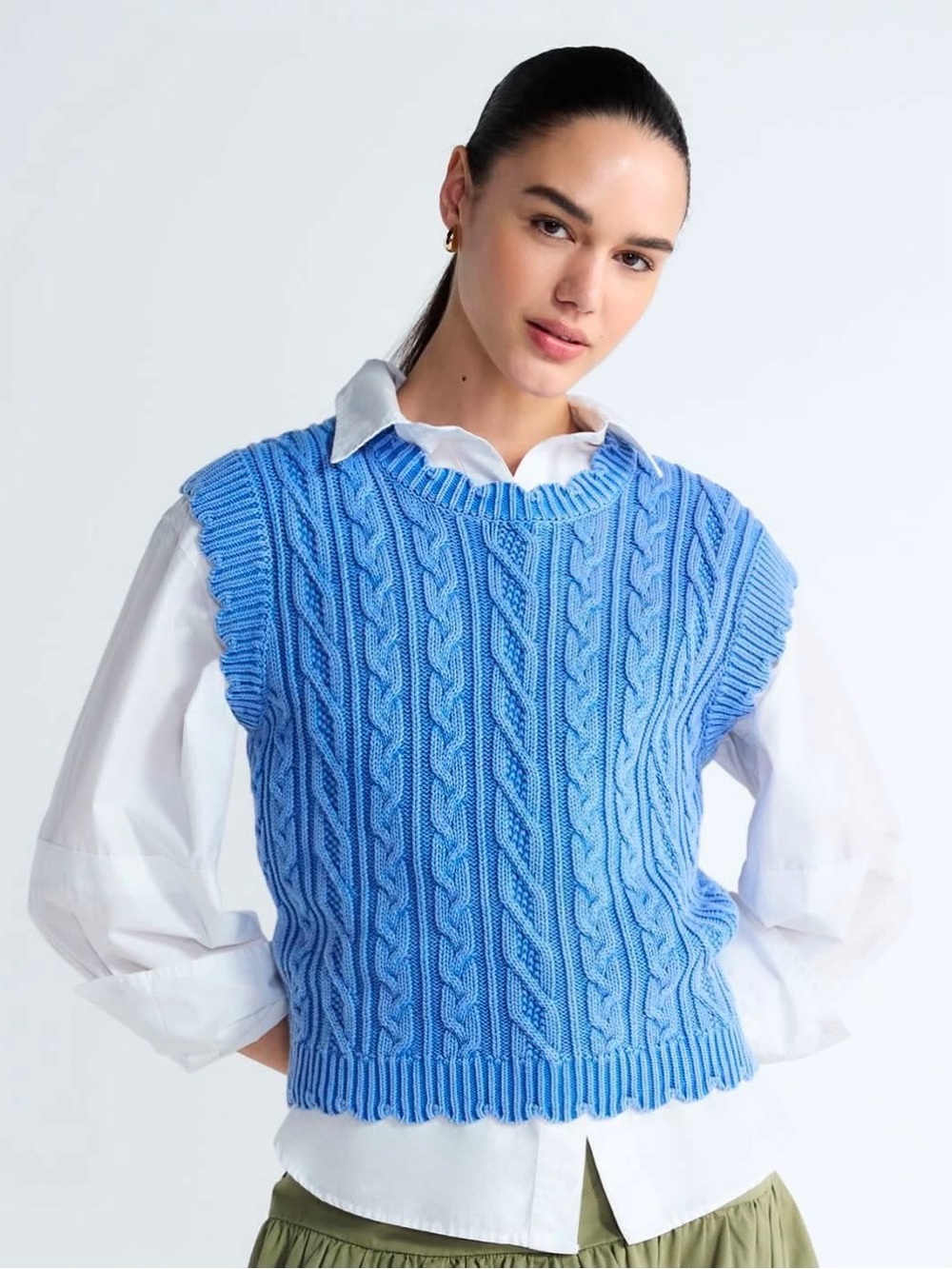 Light Blue Cable Knit Sweater Vest - Women's Layering Knit